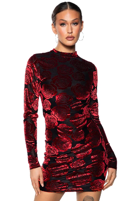 High-fashion styles at affordable prices   LE ROUGE FLORAL BURNOUT MINI DRESS